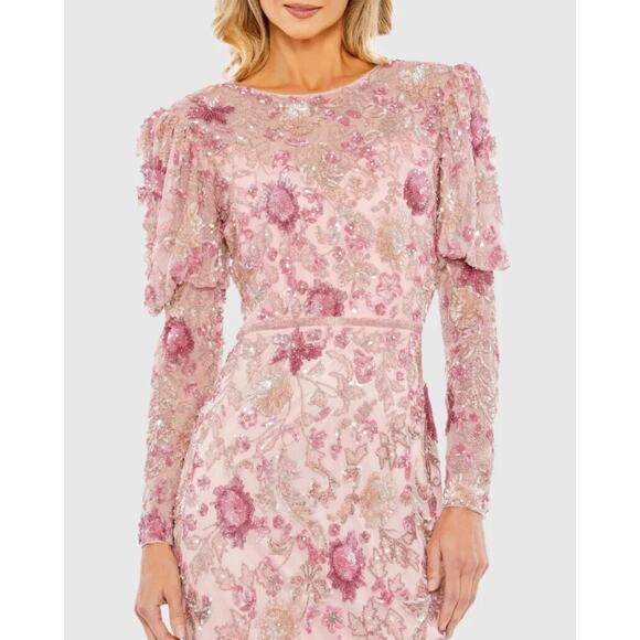 MAC DUGGAL SEQUIN MIDI PUFF SLEEVE EMBELLISHED PINK DRESS SZ 16 NEW - Picture 2 of 6